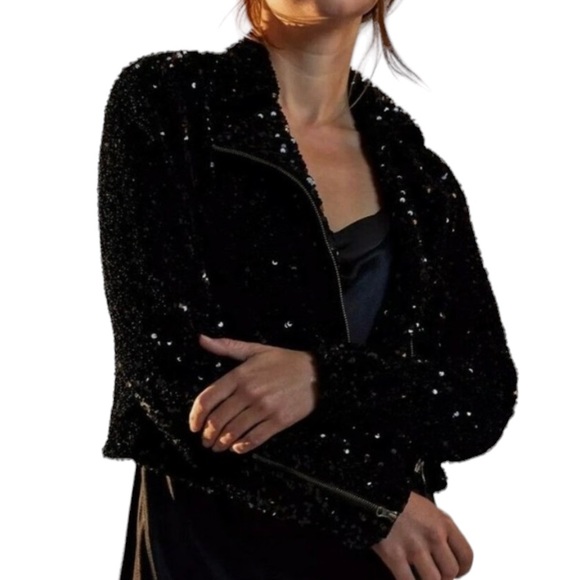 Anthropologie Jackets & Blazers - Maeve from Anthropologie Black Sequin Cropped Moto Jacket
